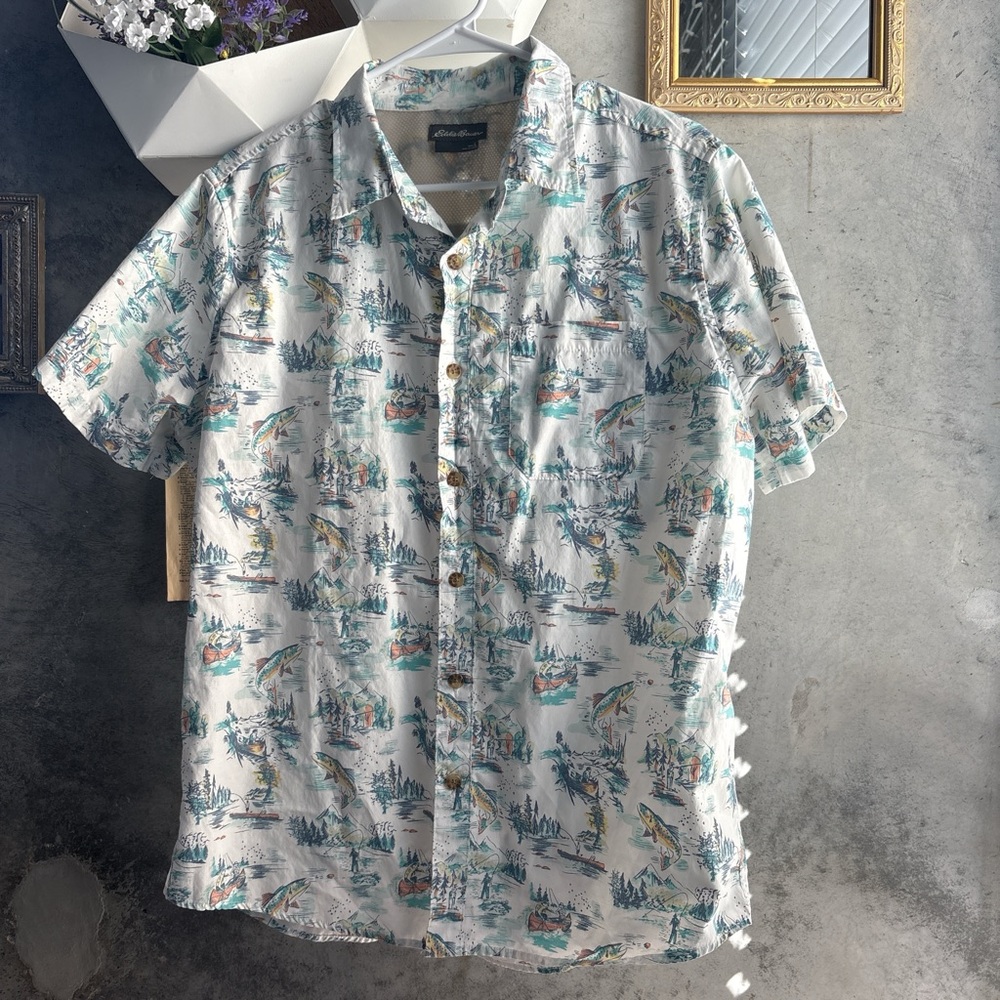 Eddie Bauer Men's Fishing Print Button Down Shirt